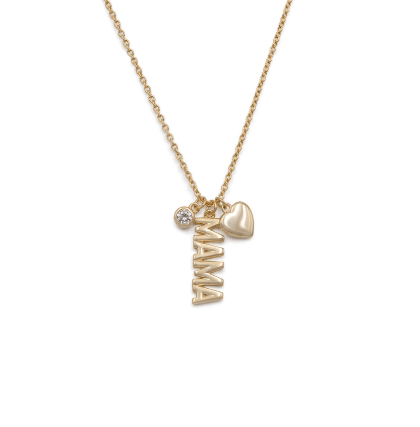 Gold charm necklace with a heart and a lettered pendant